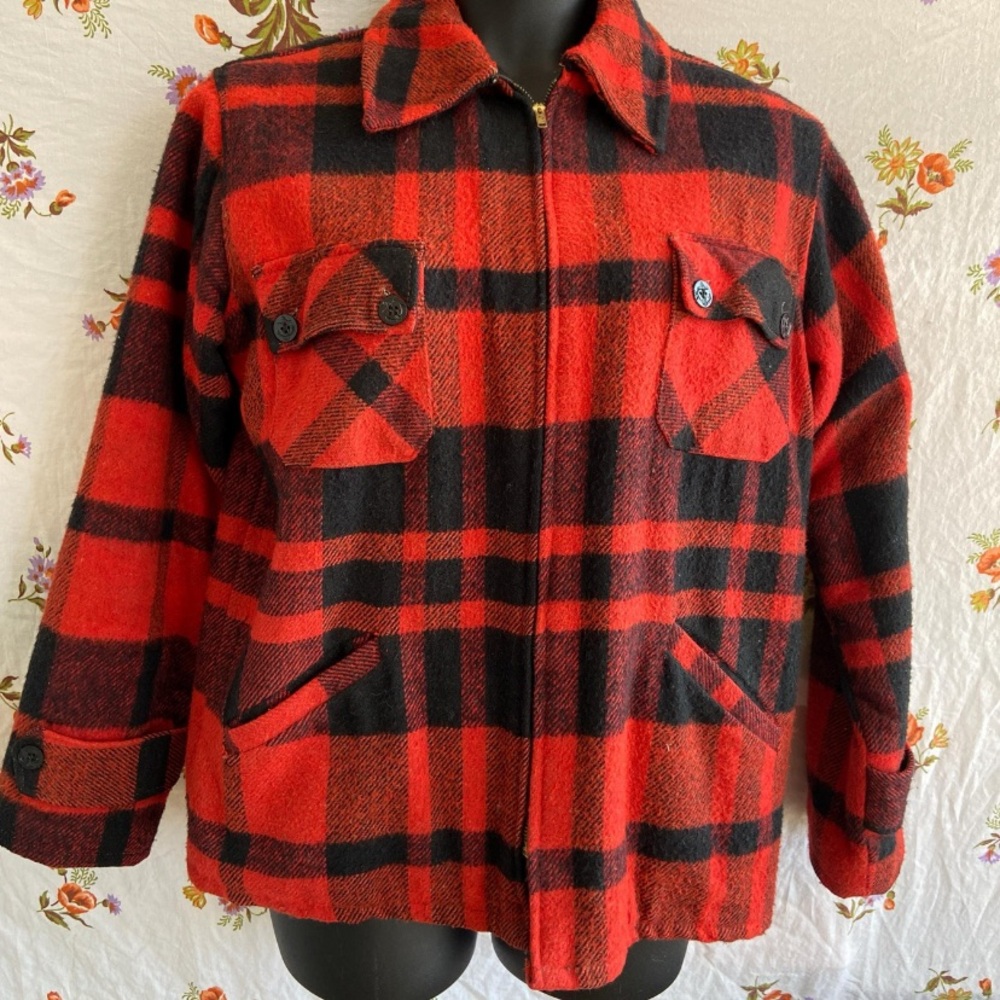 VTG Red Black Plaid Grenoble Wool Blend Military Field Jacket Cabincore Rugged